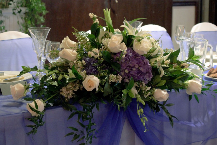 Deep Blue Wedding Bridal Party Table Centerpiece Hydrangea Roses